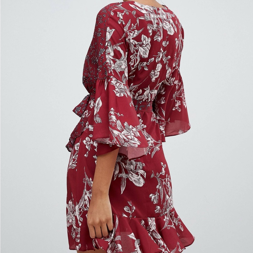 French Connection Frill Mini Wrap Dress in Deep Framboise in Size 4 - Picture 3 of 8